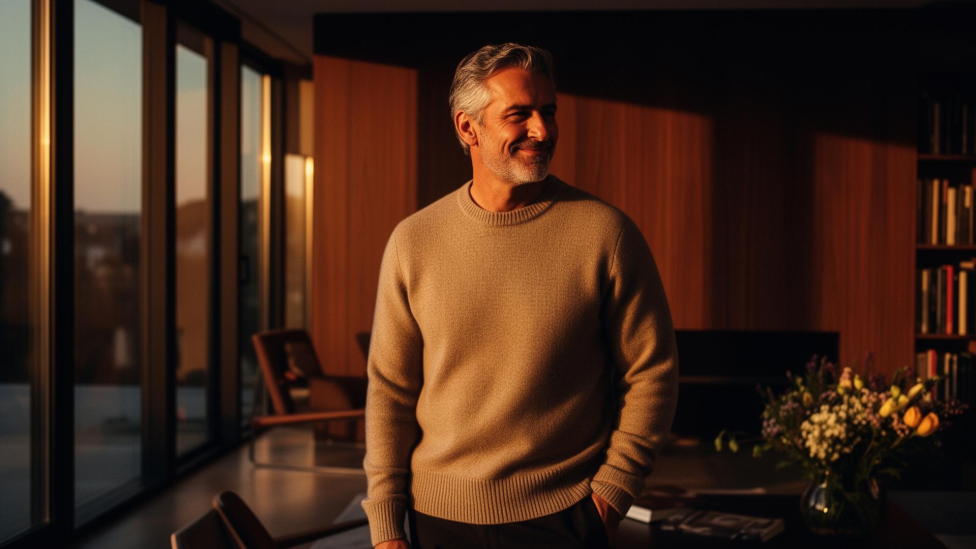 A man in his late forties at home in golden evening light, calm, at ease, in his element.